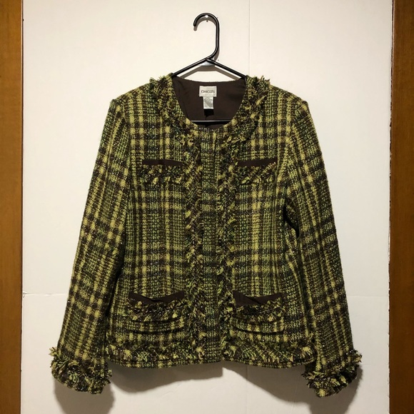 Chico’s green tweed jacket with fringe Sz 0